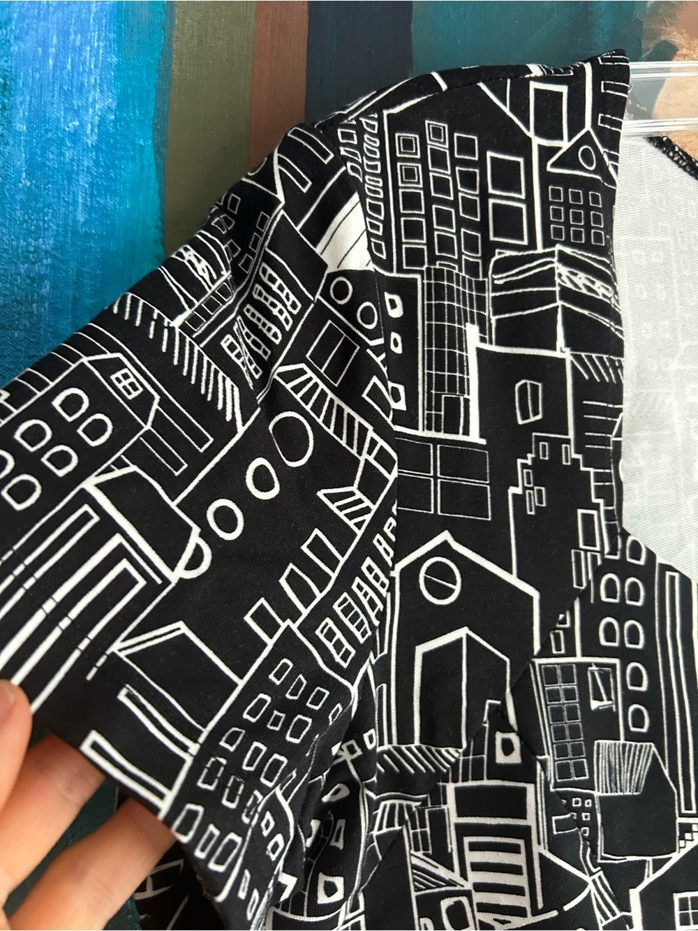 Luc Fontaine Black White Cityscape Print Dress Women’s Size 12 Short Sleeve
